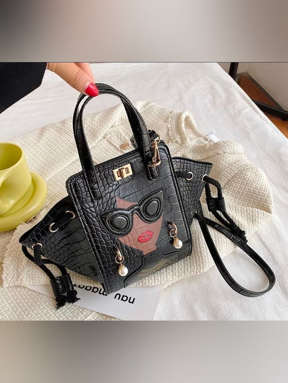 BRAND NEW - Stylish Black Croc-Embossed Women’s Handbag with Sunglasses Motif